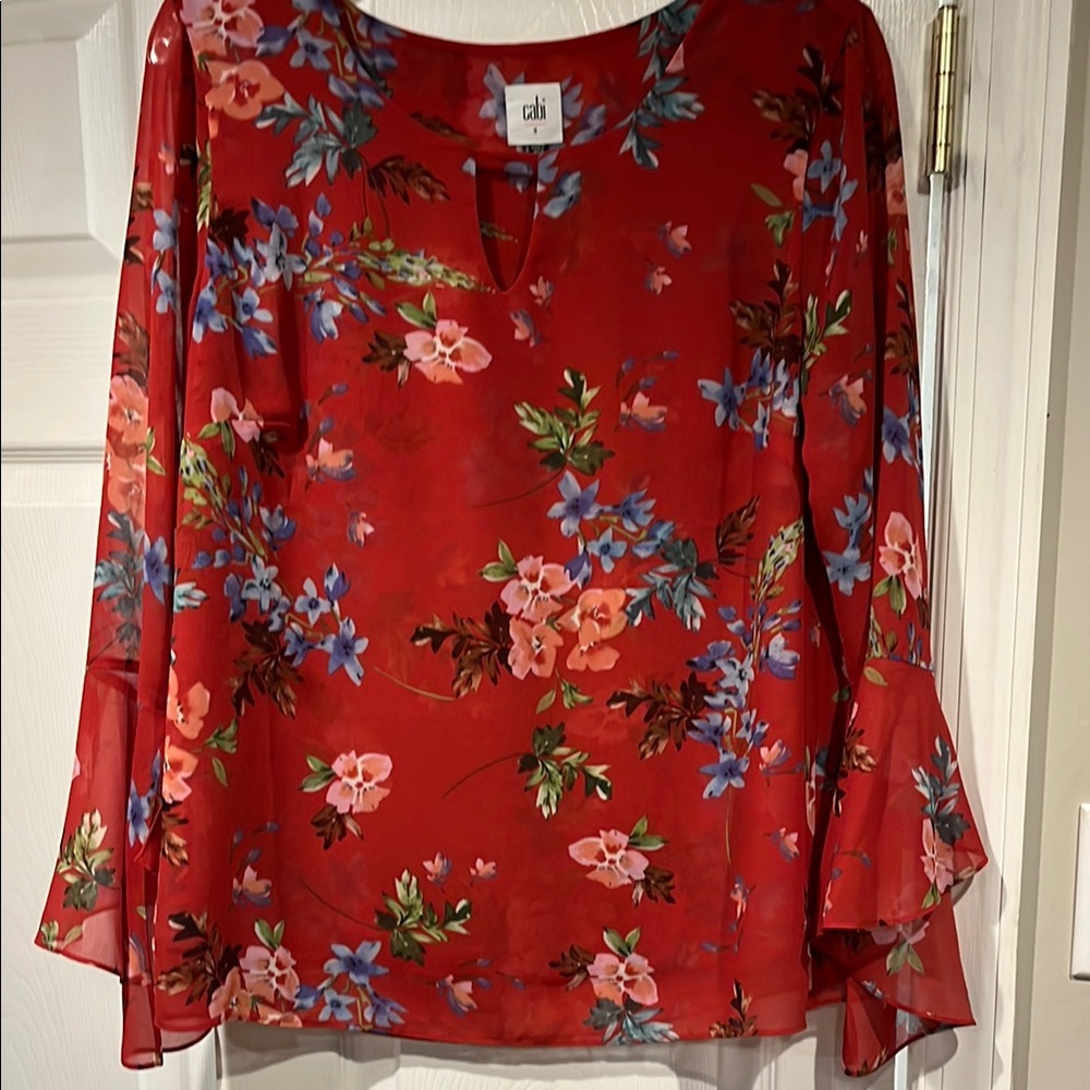 CAbi Red Bell Sleeve Blouse with Floral Print